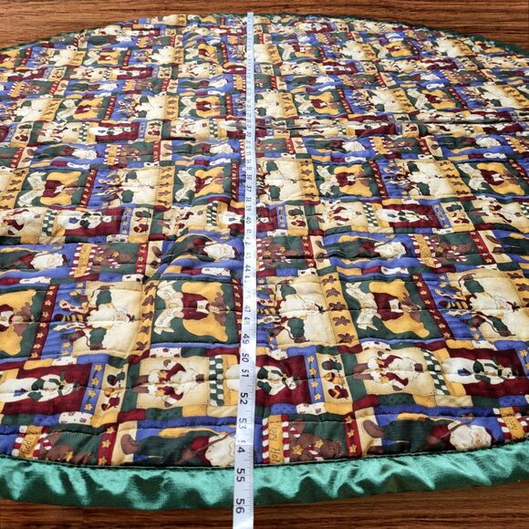 Vintage Christmas Tree Skirt Santa Angels Snowmen Green Red 58" Handmade Large - Picture 7 of 9
